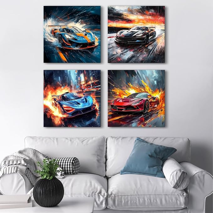 Racing Art Prints Boys Bedroom Cool Car Posters Super Car Painting for Living Room Enthusiast Gift for Men Man Cave Home Decoration Game Room Lamborghini McLaren Ferrari Bugatti Wall Decor 20x20" 4Pcs