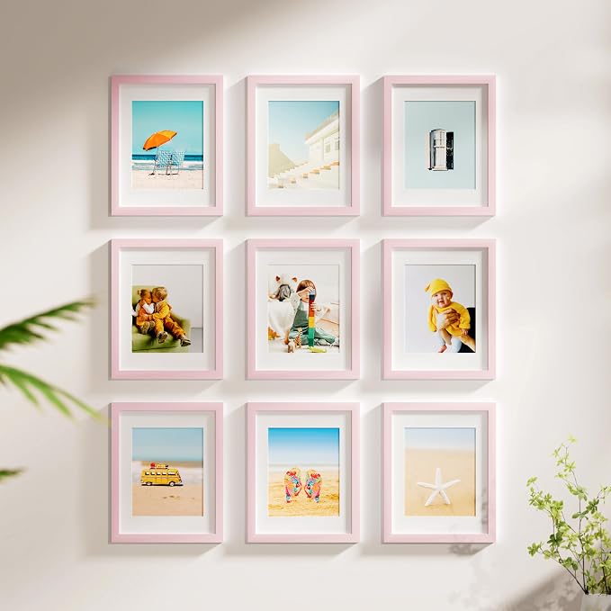 Vittanly 8x10 Picture Frames Set of 9 for Wall or Tabletop Display, Pink | Display Pictures 5x7 with Mat or 8x10 without Mat, Small Photo Frames, Engineered Wood with Shatter Resistant Plexiglass