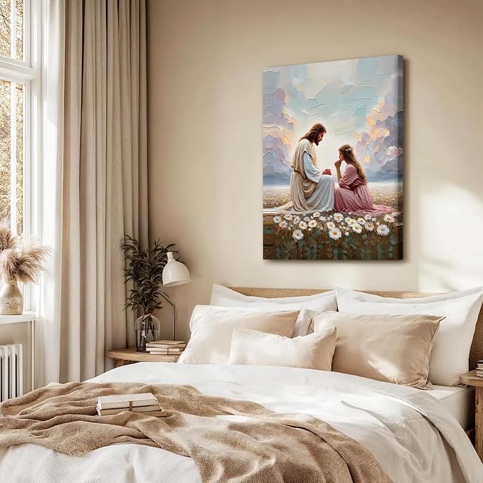 AUUAUU Jesus and Girl Prayer Wall Art Christian Canvas Prints 16x24 Inches | Religious Oil Painting Inspirational Artwork Picture Prints Christmas Wall Decor for Living Room Girl's Bedroom Ready to Hang