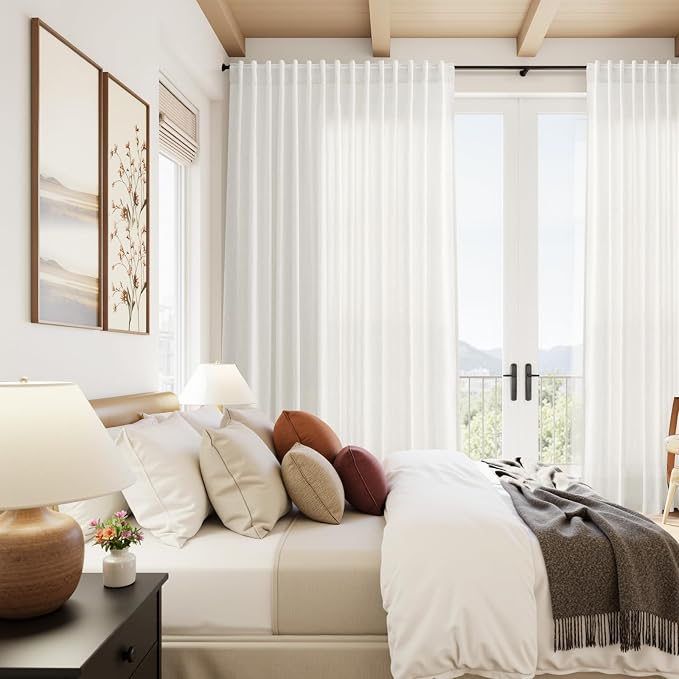 Extra Wide Beige White Curtains for Living Room 90 Inches Long Semi Sheer Curtain for Coastal Room Decor Linen Farmhouse Drapes for Bedroom Back Tab and Rod Pocket 100x90, 2 Panels
