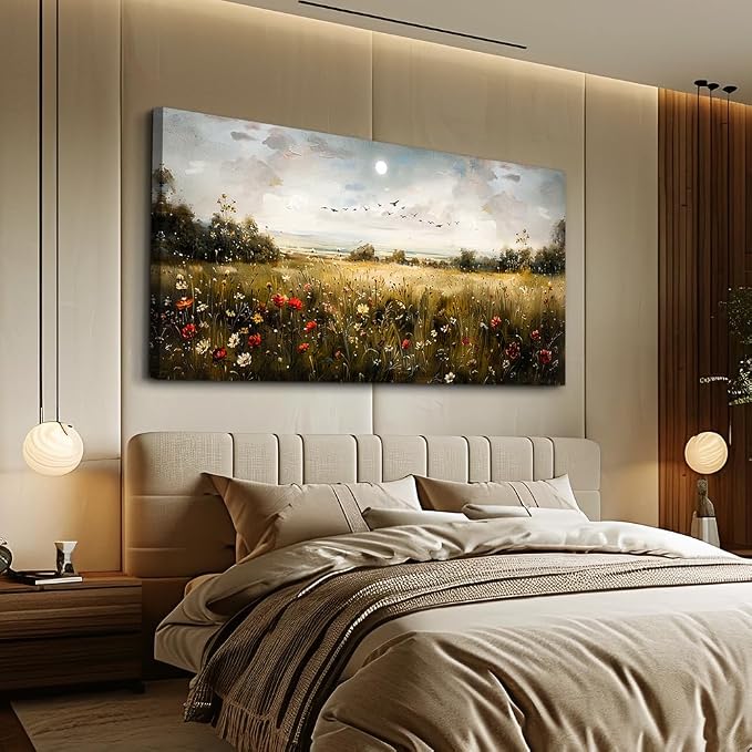Wapluam Large Canvas Wall Art Living Room Wall Decor for Bedroom Wildflower Field Vintage Wall Art Canvas Prints Paintings Farmhouse Artworks Pictures Modern Aesthetic Home Decoration Ready To Hang