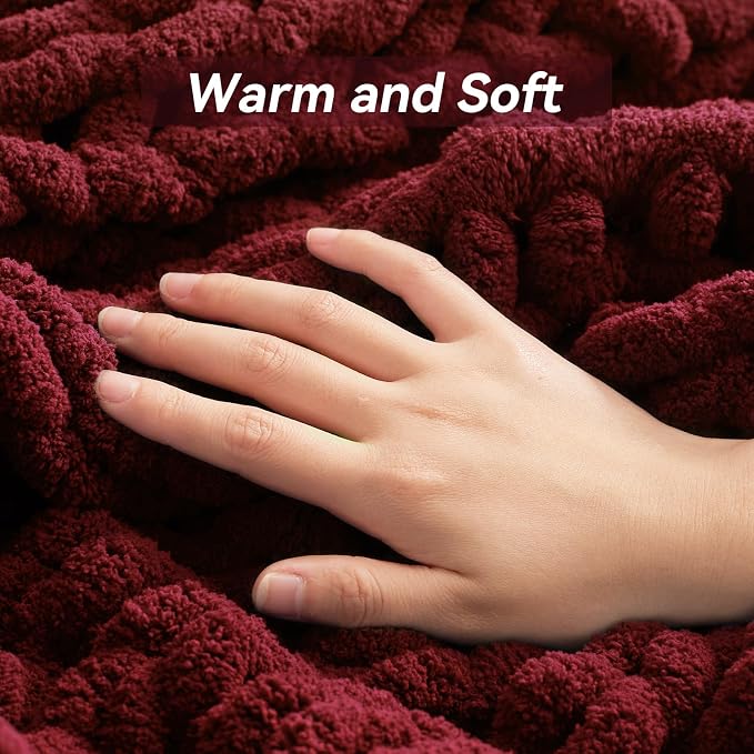 Negwoo Chunky Knit Throw Blanket, Knitted Throw Chenille Yarn, 60"*80" | Soft Thick Cable Knitted Blankets, Handmade Big Thick Blanket, Machine Washable Cute Comfy Blanket for Home Decor, Red