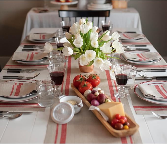 Solino Home 100% Pure Linen Table Runner, 14 x 72 in, Red, French Stripe | styles dining tables for meals and celebrations, woven stripe, European flax fibres, machine washable, OEKO-TEX Certified