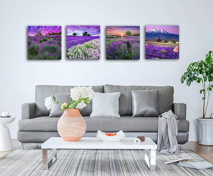 Lavender Flowers Wall Art Decor Canvas Prints Purple Floral Pictures Painting Artwork Framed 16x16 Inch 4 Panels Modern Landscape Still Life Photos Home Decoration Ready to Hang Bedroom Bathroom