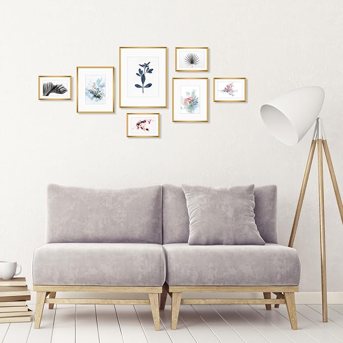 Golden State Art 7 Pack Bronze Aluminum Frame with White Mat, Real Glass | Includes One 11x14, Two 8x10, Four 5x7 Frames with Sawtooth Hangers for Wall Mounting. Great for gallery wall