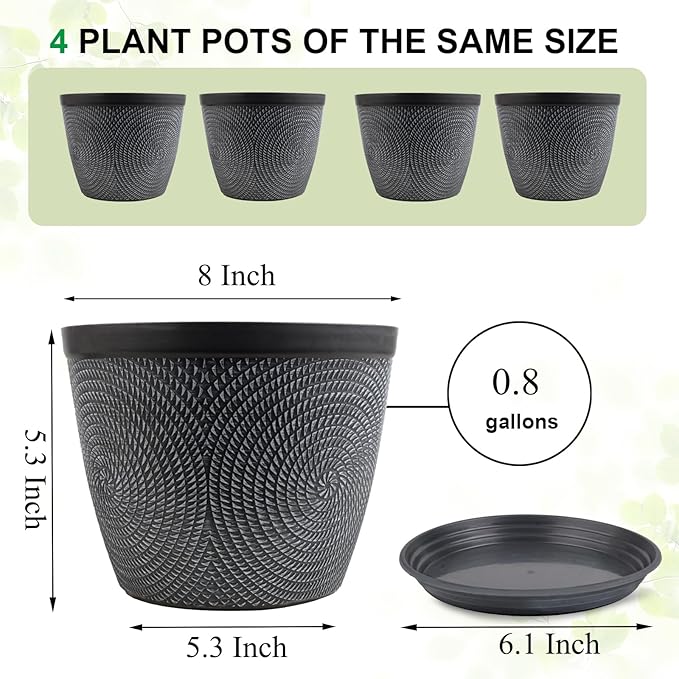 Quarut 4 Pack 8 Inch Flower Pots,Plastic Plant Pots with Drainage Hole&Tray | Odorless,Durablem,Modern Decorative Garden Pot with Saucer, planters for Outdoor Indoor House (Gray)