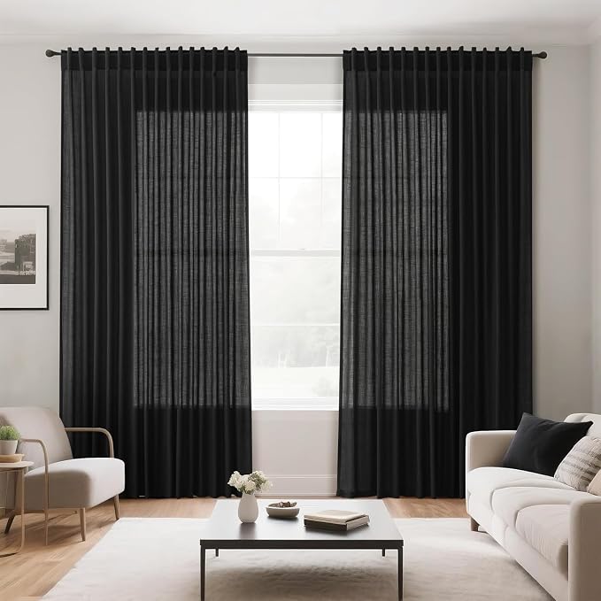 Black Linen Curtains 84 inches Long 2 Panels for Bedroom Back Tab Light Filtering Privacy Sheer Black Curtains Muslin Look Modern Farmhouse Cotton Textured Gauze Curtain for Living Room 2 Panel Set