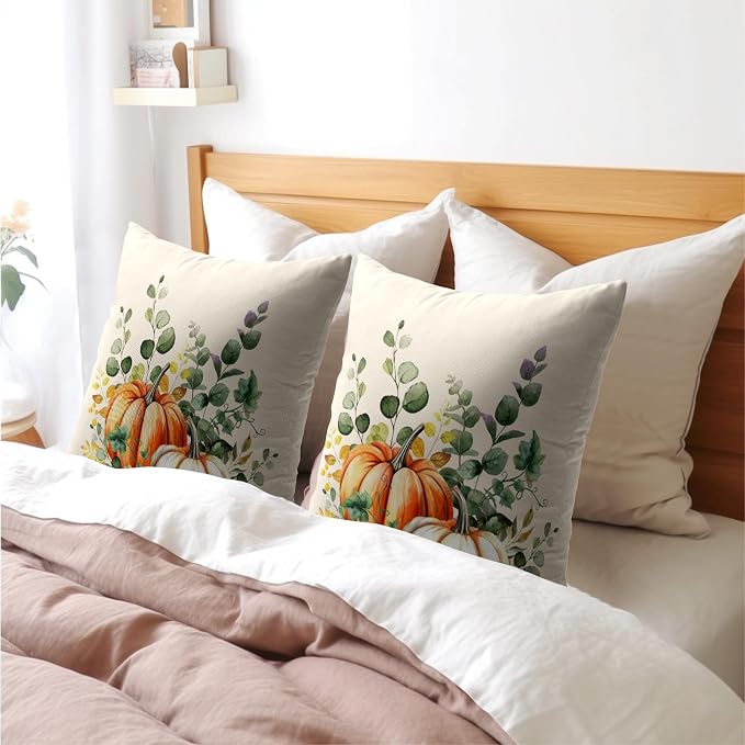 Fall Throw Pillow Cover 20x20 Inch Pack of 2 Autumn Watercolor Pumpkin Sage Green Leaf Outdoor Pillow Protector Thanksgiving Sofa Cotton Linen Square Pillow Set Farmhouse Pillowcases for Home Bed