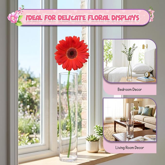 16" Tall Cylinder Glass Vase, 3.5" Wide - Clear Glass Vase for Centerpiece, Floor Vase, Flowers, Candle Holder, Wedding Table Decor by 4E's Novelty (Pack of 3)