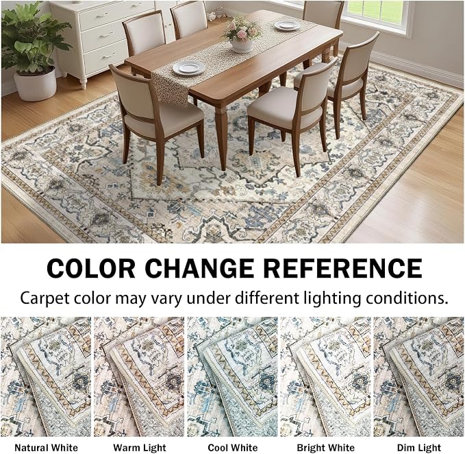 AooHHooA Washable 8x10 Boho Beige Area Rug for Living Room, Soft Stain Resistant Non-Slip Boho Vintage Area Rugs, Large Low Pile Lightweight Area Rugs for Living Room Bedroom Dining Room