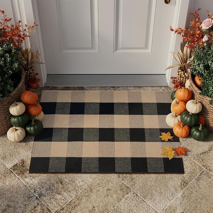 LEEVAN Buffalo Plaid Front Porch Rug, 2x3 Small Checkered Outdoor Rug | Black and Tan Washable Woven Door Mat, Neutral Welcome Layered Doormats for Farmhouse Kitchen/Bathroom/Patio/Entryway