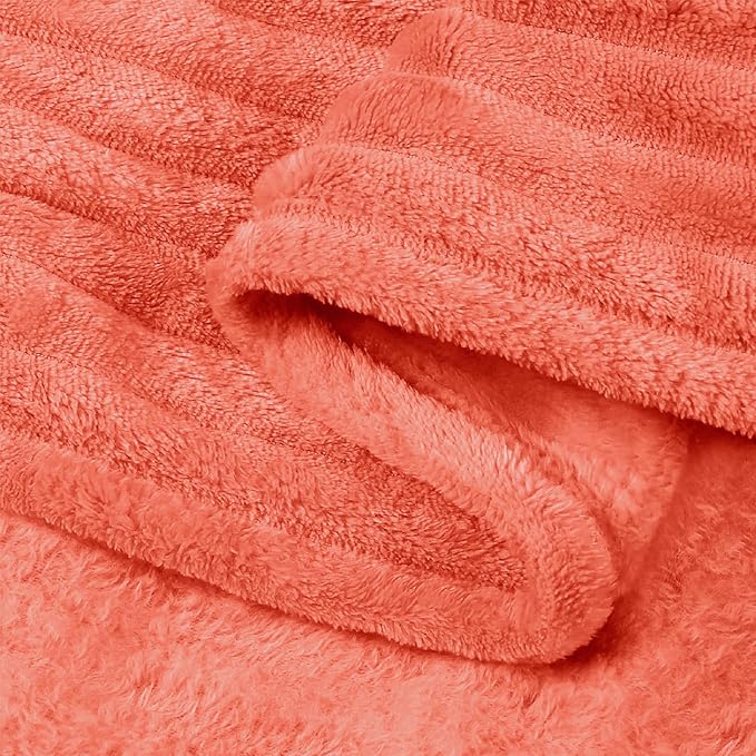 BEDELITE Ribbed Jacquard Coral Red Fleece Twin Blanket for Bed, 60x80 Inch | Soft Warm Decorative Fluffy Blanket, Cozy Plush Lightweight Fuzzy Throw Blanket for Couch Sofa Room Decor, Gift for Women