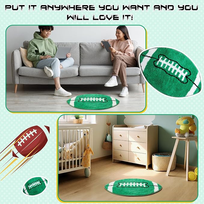 Funtery Football Rug for Boys Room Decor 32x20" Non Slip Absorbent Sports Soft Mat Field Sports Area Rug Washable Touchdown Carpet for Bathroom Playroom Athlete Back to School(Green, Football)