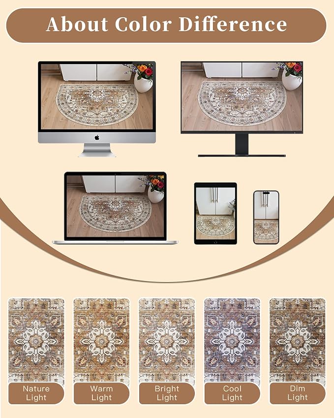 Madane Washable Half Circle Round Rug 2x3 Small Moon Rugs, Turmeric/Grey | Non-Slip Vintage Entryway Semi Area Rug 24"x36", Low Pile Door Mat Indoor Entrance for Bedroom Kitchen Entry Laundry Room