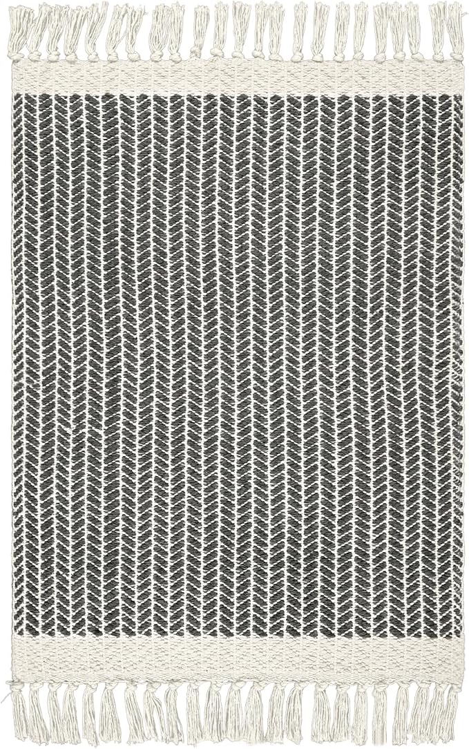 Lahome Boho Bathroom Rugs, 3x5 Washable Area Rug for Living Room | Grey Mat Woven Cotton with Tassels, Farmhouse Entryway Rug Non Shedding Lightweight Carpet for Bedroom Office Camper Rv Decor
