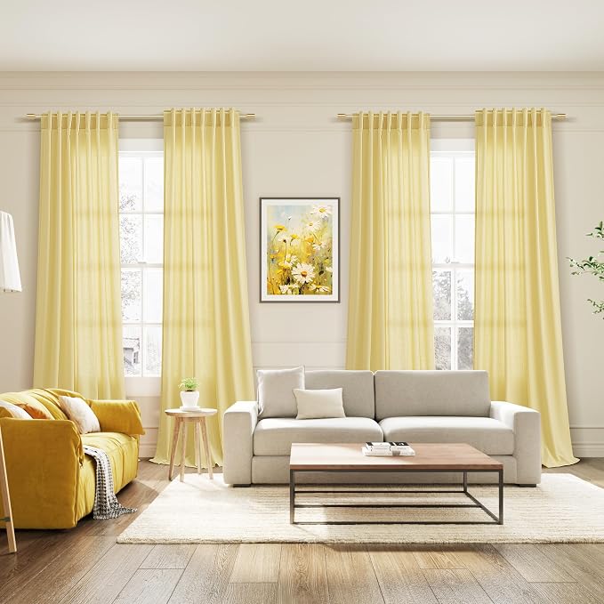 Yellow Linen Textured 96 Inch Curtains 2 Panel Set Back Tab Rod Pocket Sheer Light Filtering Boho Room Decor Aesthetic Curtain Burlap Look Curtain Drapes for Living Room Bedroom 8Ft 52x96 Inch