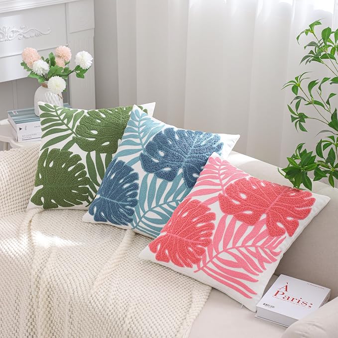 Embroidered Throw Pillow Covers 18x18 Pack of 2 Blue Botanical Leaf
