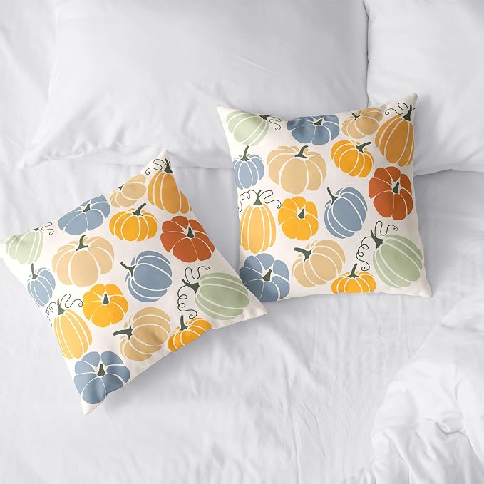 Fall Throw Pillow Covers 20x20 Set of 2 Orange Blue Pumpkins Pillow Covers Colorful Autumn Outdoor Pillow Case Cotton Blend Cushion Case for Couch Patio Bed Car