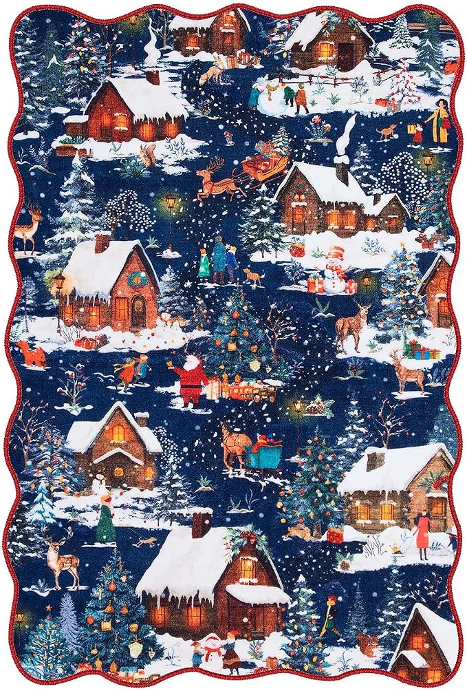 Wonnitar Christmas 2x3 Entryway Rug, Non Slip Washable Small Kitchen Rug, Low Pile Soft Christmas Village Door Mat Indoor Entrance, Xmas Throw Rug for Bathroom Bedside Holiday Decor (Blue,2'x3')