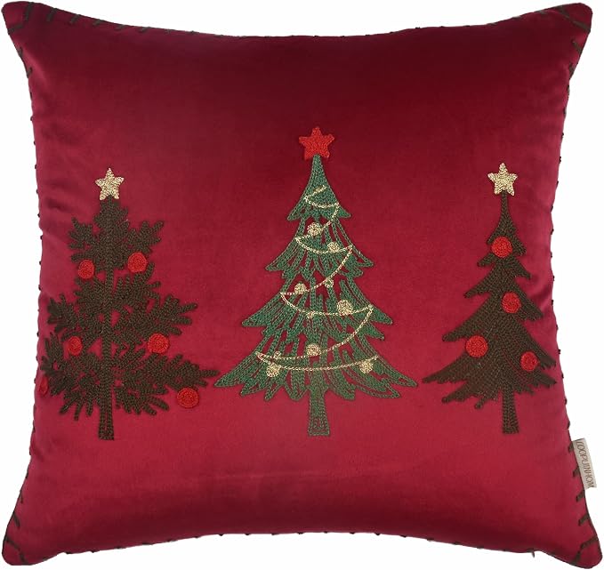 Christmas Tree Pillow Covers 18x18 Inch Red Embroidered Tree Throw Pillows for Holiday Decorations - Cushions for Couch, Sofa, Bed, Living Room, Bedroom