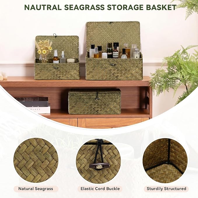 Nonam Seagrass Storage Basket with Lid, Set of 3, Dark Moss Green | Wicker Basket Container for Organizing, Boho Decorative Basket, Rectangular Household Storage Boxes for Home Organization