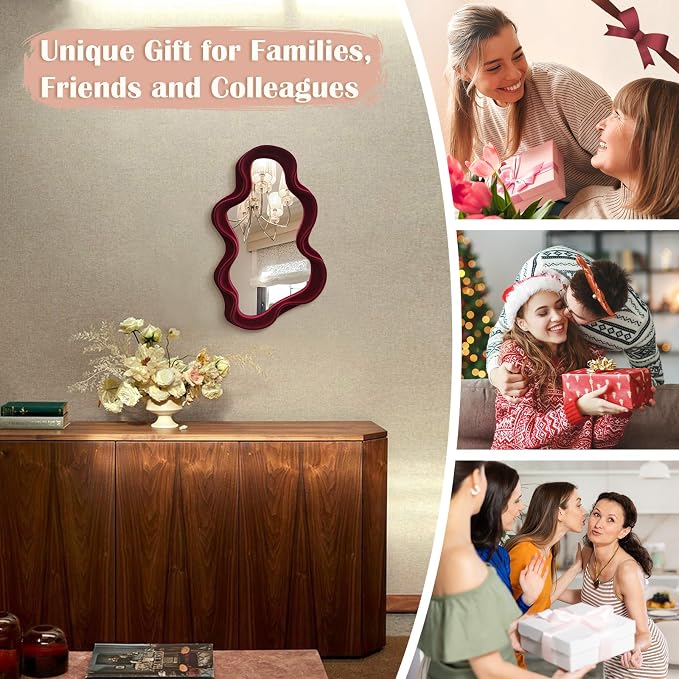 Small Wall Mirror Decor for Hallway Home Office Fireplace,Wine Red | 16x10",Soft Flocking Touch,Cute Wavy Decorative Hanging Mirror for Nursery Room Apartment Living Room Modern Home Decoration