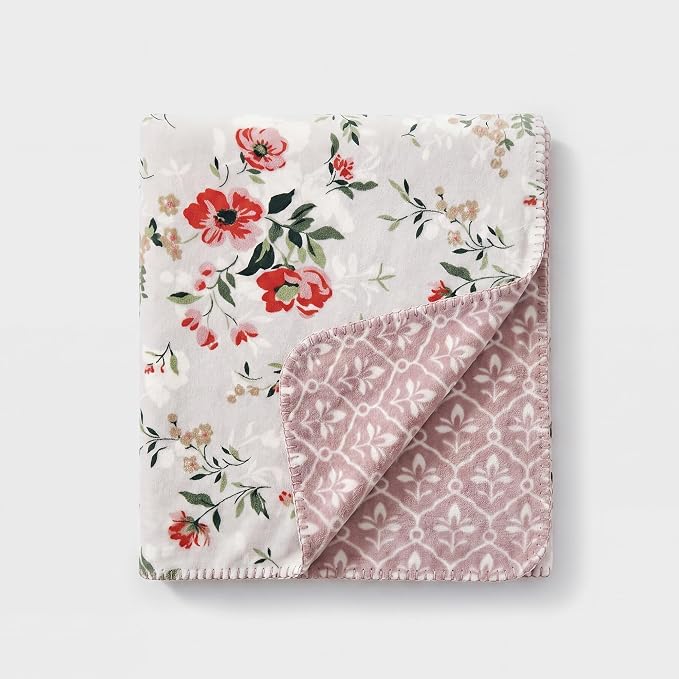 Floral Reversible Throw Blanket for Couch-Coco Flannel Soft Bed Blankets | Luxuriously Warm Fluffy Decor for Women, Mom, Her & Girls, Plush Throw for Sofa, Chair, 50x60in, Pink Rose