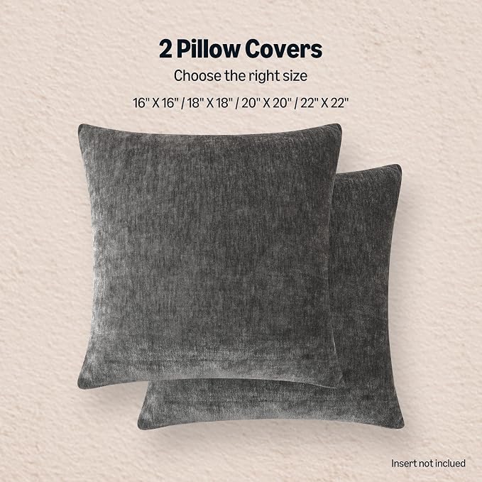 Amazon Basics Chenille Throw Pillow Covers, Home Decor Cushion Cover for Bedroom Living Room Couch Bed, 16" W × 16" L, Dark Gray