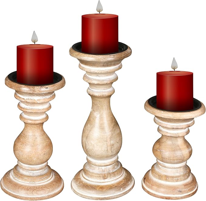Pillar Candle Holders Set of 3 (10",8" & 6" Height)_White Wash,Candle Holder in Mango Real Wood,Decorative Candle Holders for Table Centerpiece, Wedding, Party, Home Décor, spa, Farmhouse, Gifting