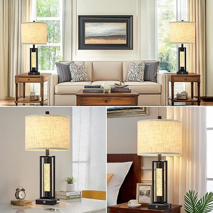 TOBUSA 26" Black Farmhouse Table Lamps Set of 2 with Crystal Night Light