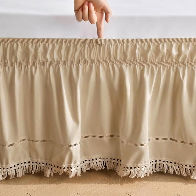 MIYE Wrap Around Ruffled Lace Bed Skirt, Elastic Dust Ruffle with Adjustable Belts, Easy to Put On, Bed Frame Cover, Machine Washable (Tassel Ruffle/Beige, Full/Twin-12.5" Drop)