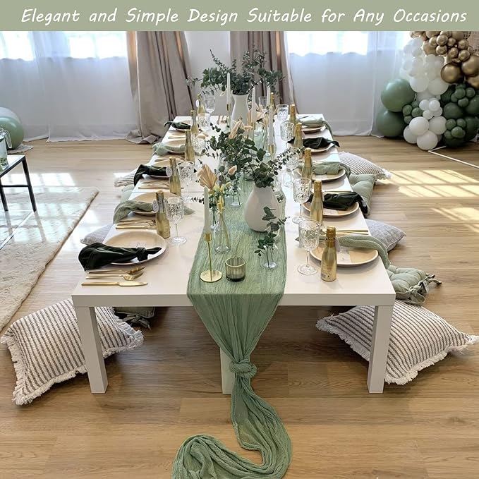 12 Pack 13Ft Cheesecloth Table Runner 35x157 Inch Boho Gauze Table Runner Cheese Cloth Long Rustic Table Runners for Wedding Bridal Shower Birthday Party Table Decor (Dusty Sage Green)