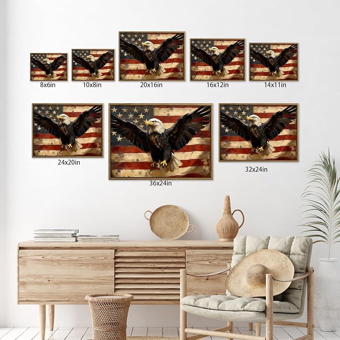 American Flag Framed Canvas Wall Art, 4th of July Patriotic Canvas Prints | USA Flag with Bald Eagle Poster Print, Vintage Independence Day Wall Decor for Bedroom Living Room 12×16in