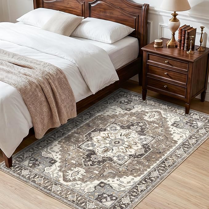 3x5 Washable Area Rug for Entryway: Non-Slip Kitchen Rugs with Rubber Backing for Living Room Vintage Low Pile Stain Resistant Carpet for Bedroom Soft Thin Floor Decor Mat for Dining Room (Beige,3x5)