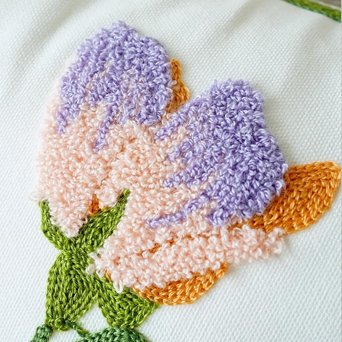 vctops Farmhouse Hibiscus Flowers Cotton Tufted Throw Pillow Cover Spring Floral Embroidery Pillowcase Soft Square Cushion Case for Sofa Couch Bed Chair (Pink Purple,18"x18")