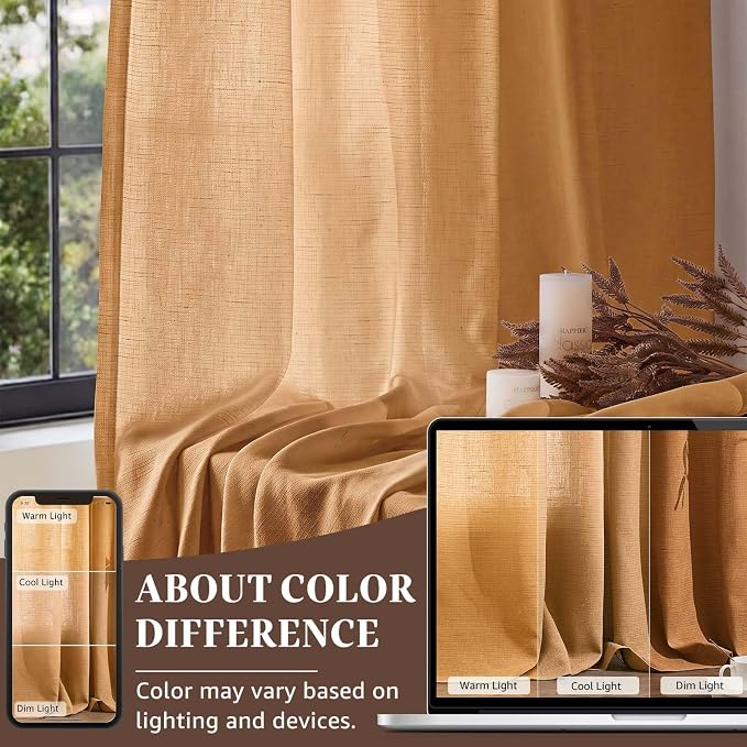 jinchan Linen Curtains Light Filtering Back Tab 50x84 Inch 2 Panels Yellow | Semi Sheer Curtains 84 inch length for Bedroom Living Room, Modern Farmhouse Drapes with Rod Pocket, Natural Boho Curtains