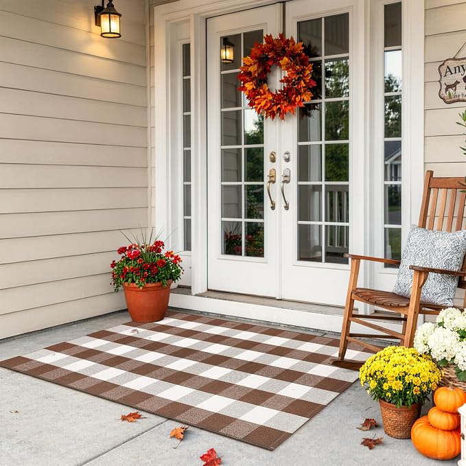 LEEVAN Fall Buffalo Plaid Outdoor Rugs 3x5, Brown and White Porch Rug | Washable Woven Welcome Layered Modern Farmhouse Checkered Entryway Door Mat for Kitchen Bathroom Fall Front Door