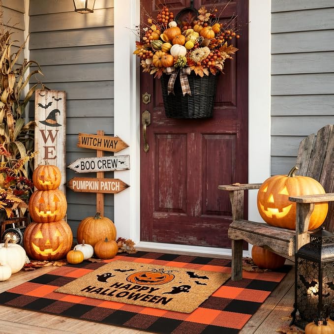 LEEVAN Halloween Buffalo Plaid Outdoor Rug, Fall Decor Front Porch Rug | 2'4" x 3'7" Black and Orange Washable Thanksgiving Layered Door Mat, Cotton Woven Fall Entryway Rugs for Kitchen Patio