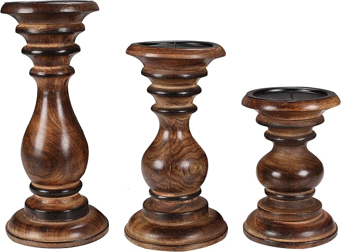 Candle Holders Set of 3 (10",8" & 6" Height)_Burnt Finish,Pillar Candle Holder in Mango Real Wood,Decorative Candle Holders for Table Centerpiece, Wedding, Party, Home Décor, Spa, Farmhouse, Gifting