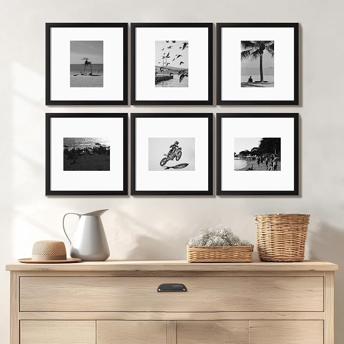 eletecpro Picture Frames Set of 9, 12x12 in, Acrylic Cover, Black | Display Multi Sizes with Mat or 12x12 without, Square Gallery Collage, Wall Mount, Minimalist Home