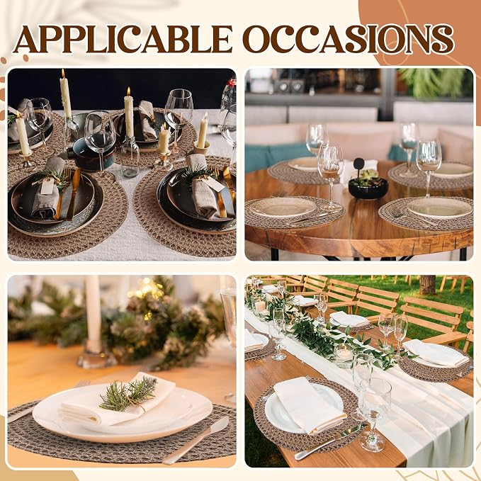 24 Pcs 13 Inch Round Burlap Placemat Boho Jute Woven Charger Bulk Rustic Vintage Natural Brown Heat Resistant Dining Table Mat for Wedding Farmhouse Craft Home Kitchen Summer Party (Classic)