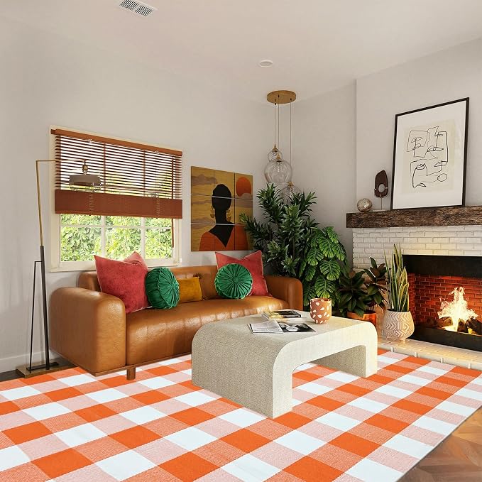 USTIDE Buffalo Plaid Outdoor Rug 4' x 6' Orange and White Check Christmas Check Indoor Area Rug Washable Cotton Woven Rug Layering Rug for Welcome Door Mat Farmhouse Front Porch Entryway