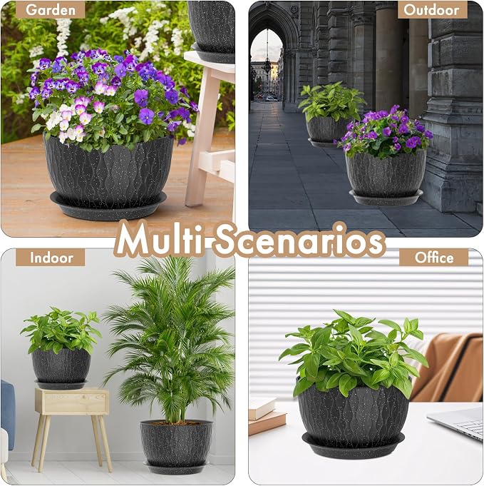 WSMKSZ 12 Inch Wide Water Ripples Flower Pots for Indoor or Outdoor Plants, Large Plant Pots with Drainage Holes & Saucer, Plastic Planters Set for Garden & Home Decor (Black with White Speckles)