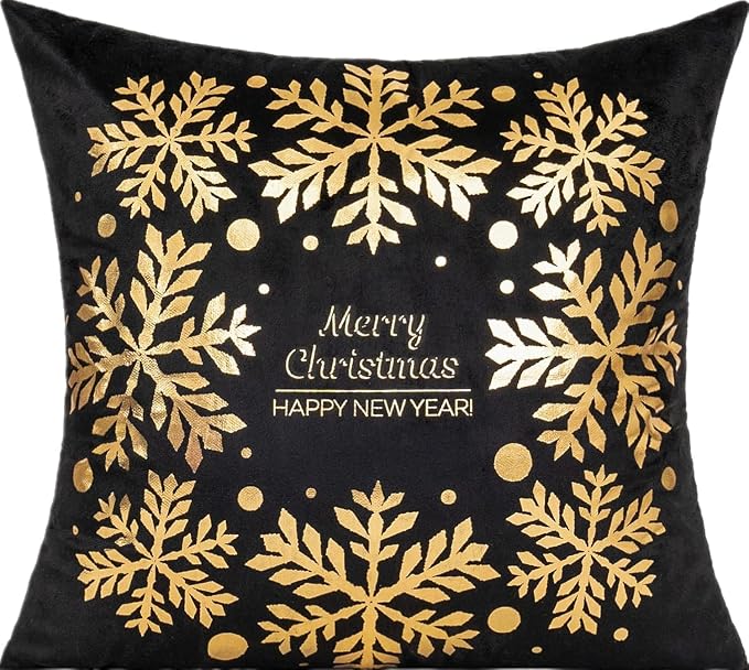 All Smiles Black Christmas Gold Throw Pillow Covers Xmas Cases Decorations 16X16 Set of 4 Décor Indoor Home Soft Velvet Decorative Navidad Cushion for Sofa Couch Tree Snowflake Reindeer