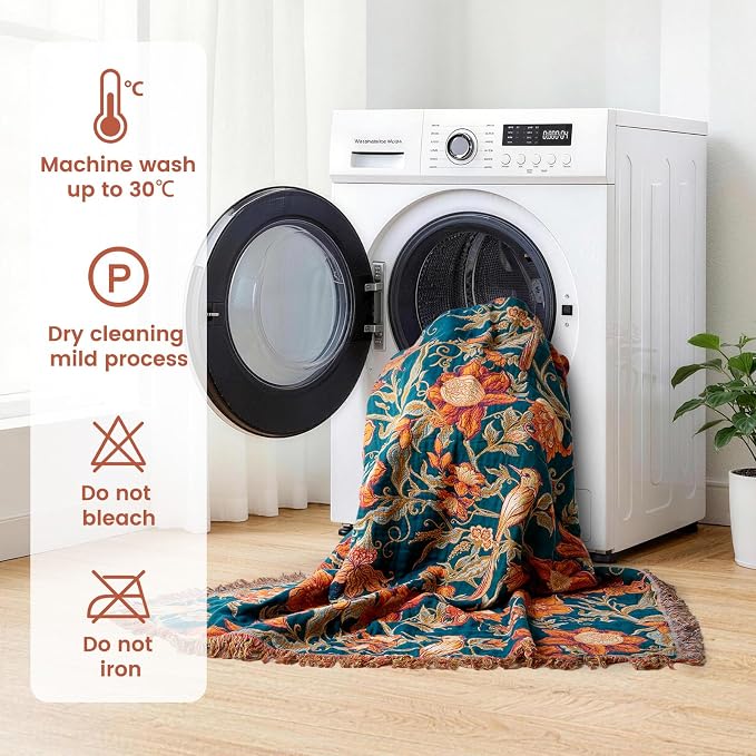 MSGKV Boho Throw Blanket 50"x60" Cotton Bird Floral Blanket for Couch | Muslin Throw, Bird Floral Pattern, Reversible Woven, Lightweight Comfort, Farmhouse Decor, All Seasons, Machine Washable