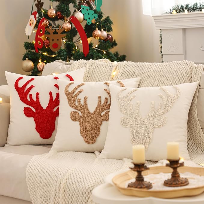 LUOYEHK Christmas Reindeer Pillow Covers 18x18 Set of 2 Farmhouse Rustic Throw Pillows Winter Holiday Merry Christmas Cushion Covers for Couch Sofa Bed
