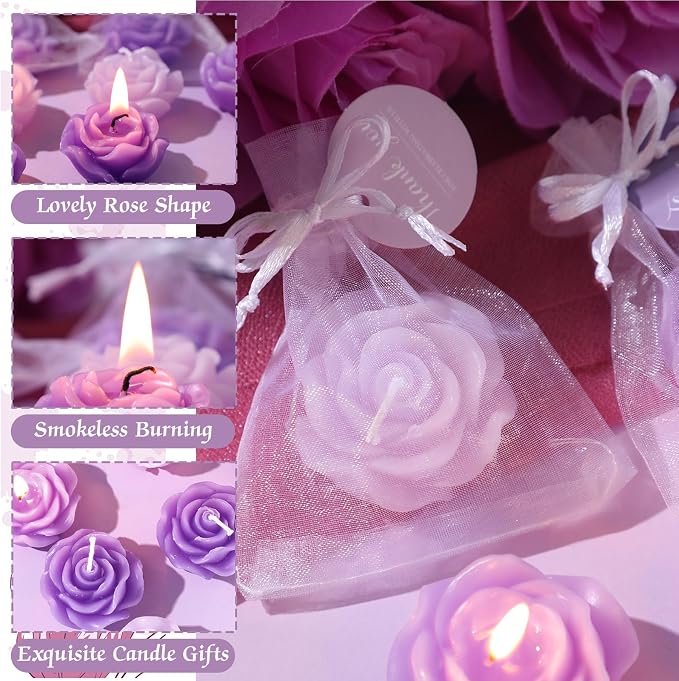 Treela 50 Set Rose Flower Candles, Purple Wedding Favors for Guests