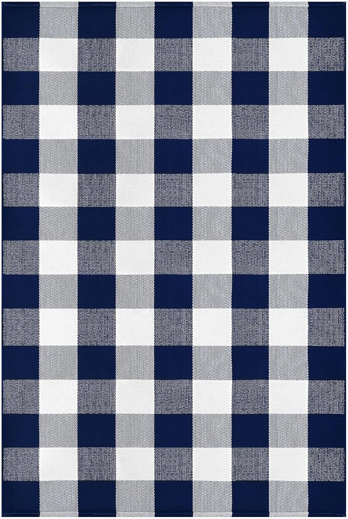 KOZYFLY Buffalo Plaid Area Rugs 3x5 Blue and White Washable Front Door Mat | Woven Cotton Outdoor Rug, Checkered Doormat for Front Porch Patio Farmhouse, Indoor Kitchen Entryway Rug