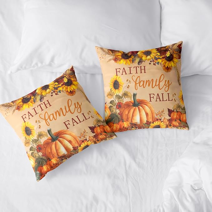 Fall Pillow Covers Pumpkin Sunflower Throw Pillow Covers Autumn Thanksgiving Harvest Pillow Case 18x18 Set of 2 Double Sided Printing Cushion Case for Couch Sofa