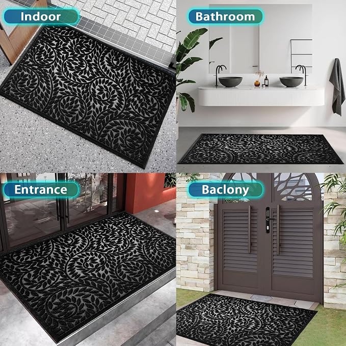 Bulijojo Front Door Mat Entrance,Durable Heavy Duty Welcome Mat,Thick Absorbent Natural Rubber Non Slip Mat,Sturdy Entryway Black 47"x32"